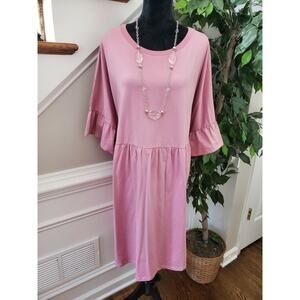 Asos Design Womens Solid Pink Cotton Round Neck Long Sleeve Knee Length Dress 16